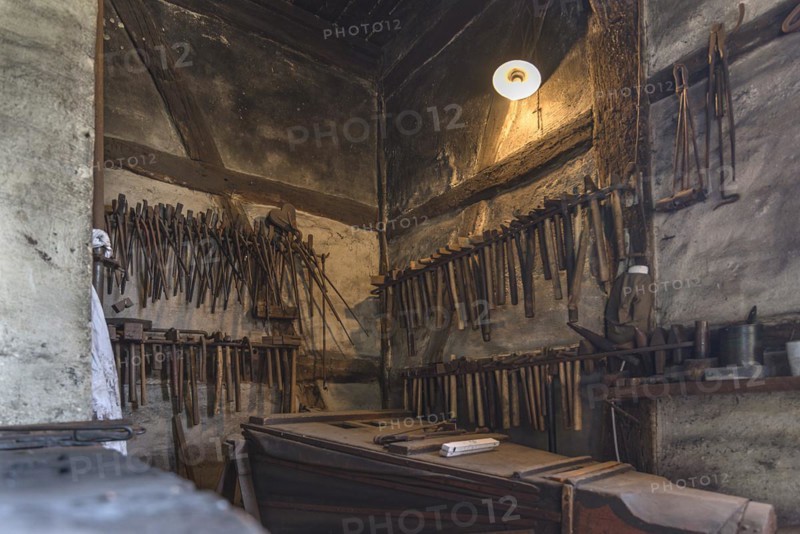 Tools in a village smithy from the 19th century, Open-Air Museum of Folklore Schwerin-Muess, Mecklenburg-Vorpommerm, Germany, Europe