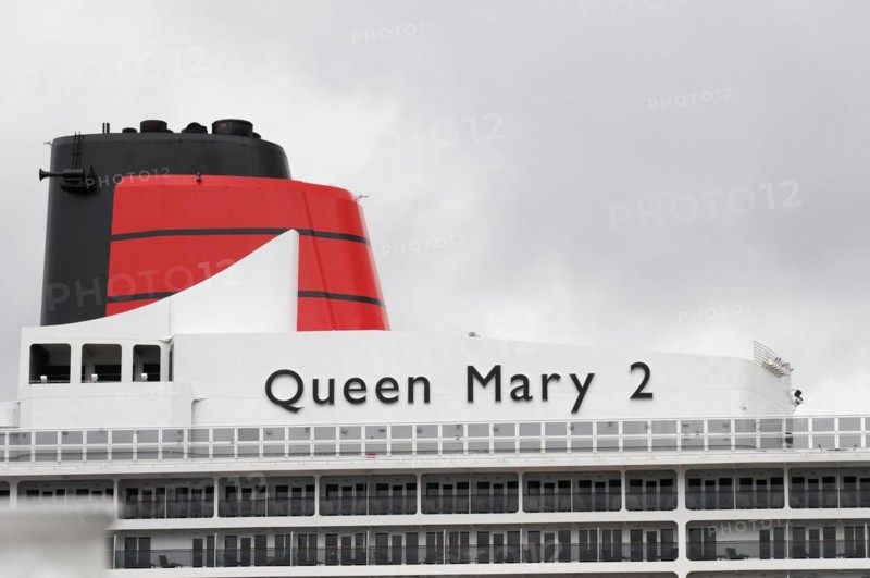 View of the funnel of the Queen Mary 2 cruise ship against a cloudy sky, Hamburg, Hanseatic City of Hamburg, Germany, Europe