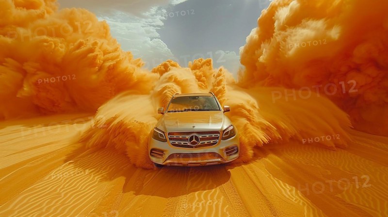 A luxury SUV in the midst of a massive yellow sand storm explosion in the desert, action sports photography, AI generated