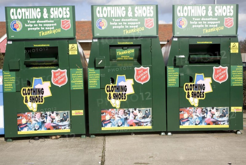 Clothing and shoes recycling collection containers, Martlesham, Ipswich, Suffolk, England, UK