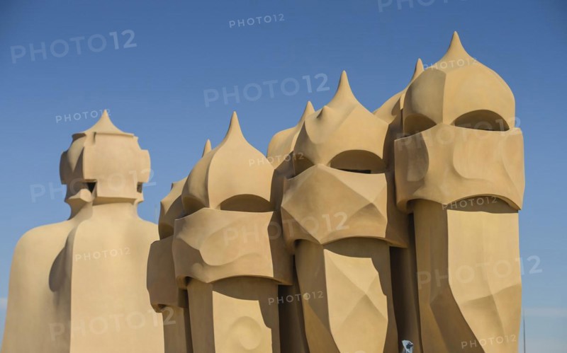 Roof with chimneys, La Pedrera, Casa Mila by Antoni Gaudi, Barcelona, Catalonia, Spain, Europe
