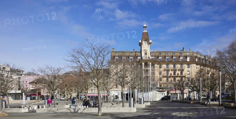Magnificent facade and clock tower on Place de la Navigation in the Ouchy neighbourhood, Lausanne, district of Lausanne, Vaud, Switzerland, Europe
