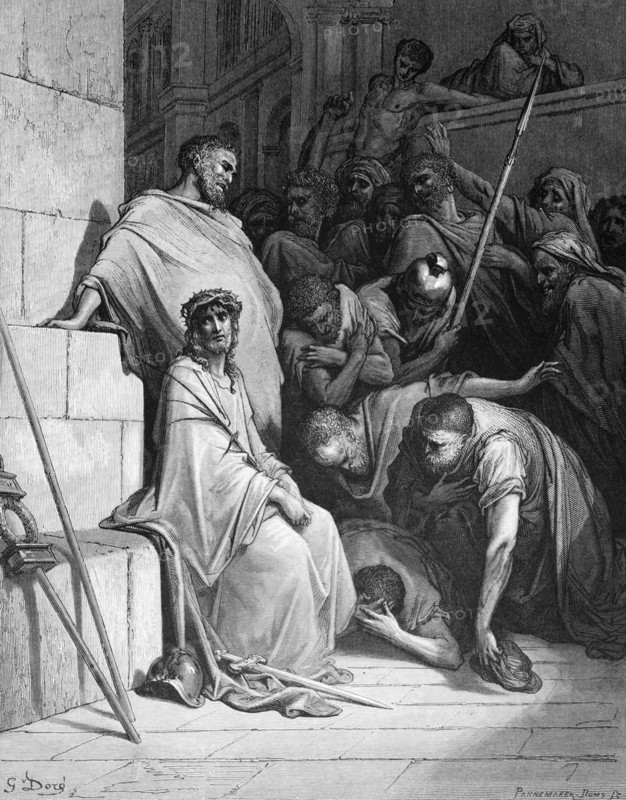 The mockery of Jesus, Gospel of Matthew, chapter 27, mockery, suffering, crown of thorns, New Testament, men, lonely, Bible, historical illustration 1886