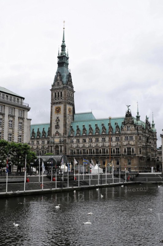 Hamburg City Hall with its impressive architecture and reflection in the water, Hamburg, Hanseatic City of Hamburg, Germany, Europe