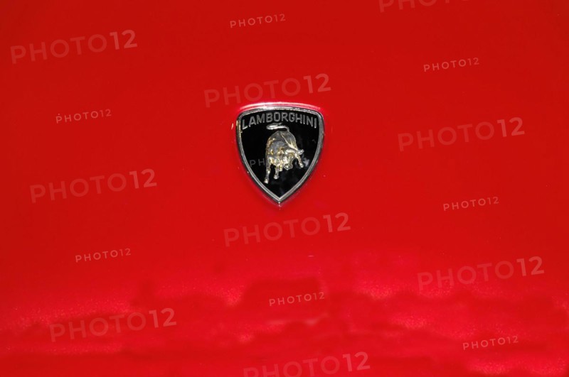 RETRO CLASSICS 2010, Stuttgart Trade Fair Centre, close-up of the red Lamborghini logo on vehicle paintwork, Stuttgart Trade Fair Centre, Stuttgart, Baden-Wuerttemberg, Germany, Europe