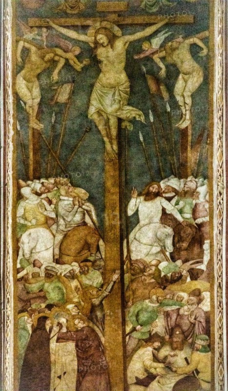 Crucifixion scene, frescoes with scenes of events from the Old and New Testament, Duomo di Santa Maria Maggiore, 13th century, historic city centre, Spilimbergo, Friuli, Italy, Spilimbergo, Friuli, Italy, Europe