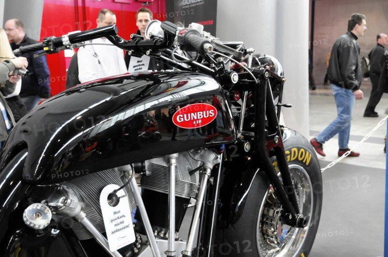 RETRO CLASSICS 2010, Stuttgart Trade Fair, Detailed view of a GUNBUS motorbike with chrome parts at a motorbike trade fair, Stuttgart Trade Fair, Stuttgart, Baden-Wuerttemberg, Germany, Europe