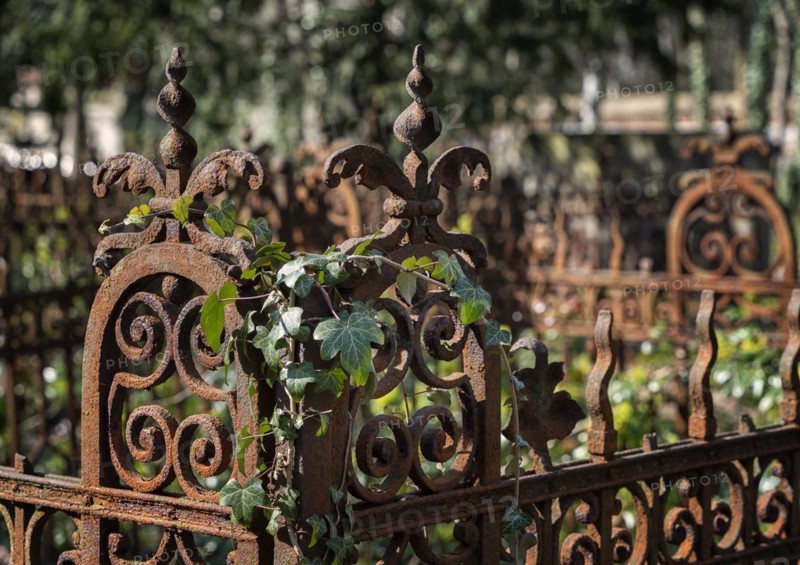 Rusty grave fences, Kirchof 1 of the Evangelische Georgen-Parochialgemeinde, Greisfswalder Strasse, Berlin, Germany, Europe