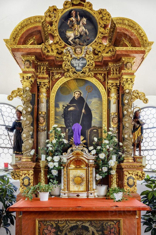 Altar with image of St Leonhard, St Leonhard's Filial Church, Boerwang, Allgaeu, Swabia, Bavaria, Germany, Europe