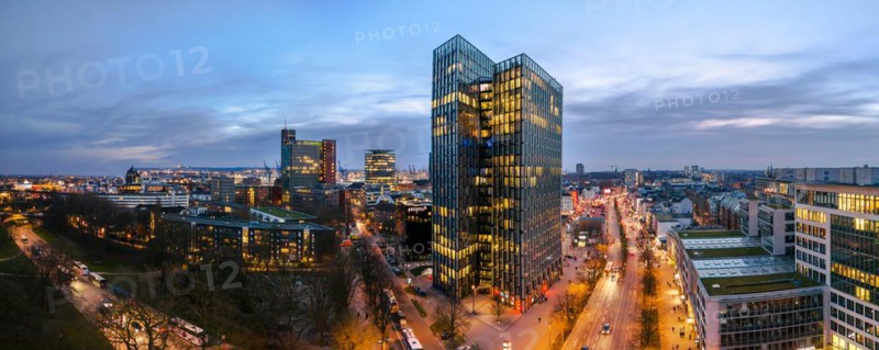 Panorama aerial view Dancing Towers at blue hour with Reeperbahn, St. Pauli, Hamburg, Germany, Europe