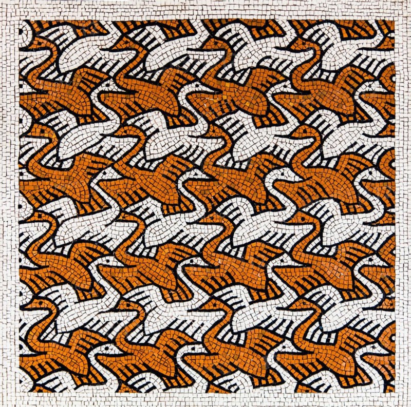 Schwaene, homage to M. C. Escher, mosaic school that produces mosaic masters, Spilimbergo, city of mosaic art, Friuli, Italy, Spilimbergo, Friuli, Italy, Europe