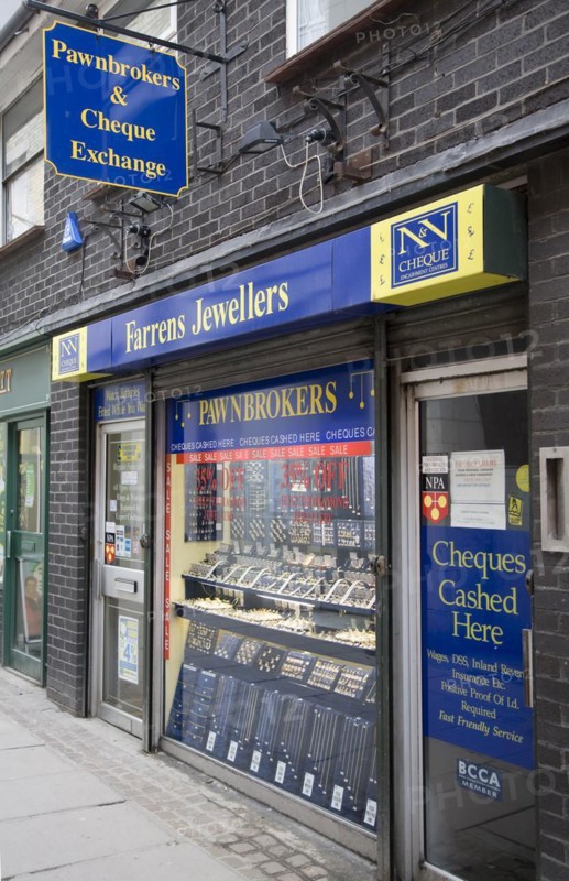 Pawnbrokers and cheque exchange shop, Colchester, Essex, England, UK