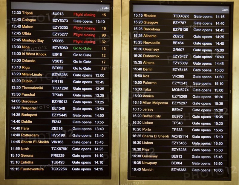 Departures electronic airport information board, Gatwick airport, UK