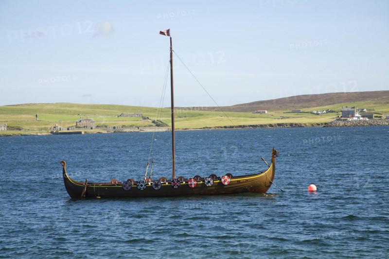 Viking longboat in Bressay Sound, Lerwick, Shetland Islands, Scotland, United Kingdom, Europe