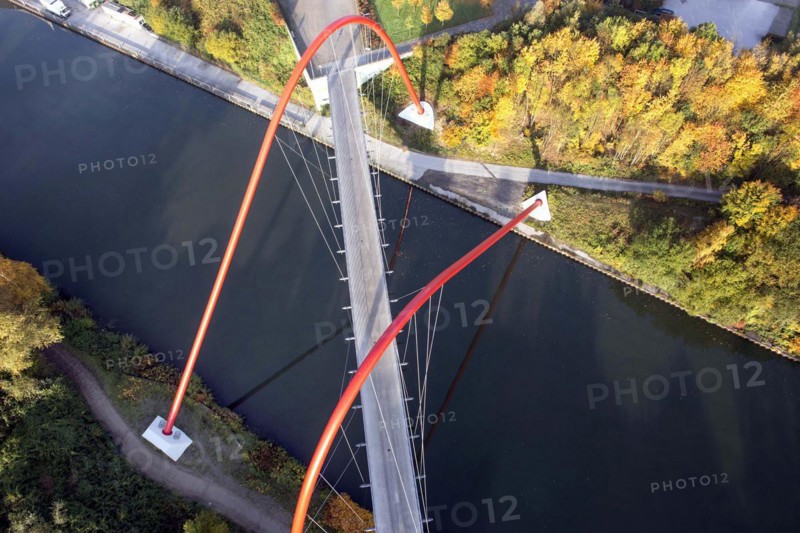 Aerial view of the double arch bridge, 28 October 2015. The Nordsternpark double arch bridge is a foot and cycle path bridge over the Rhine-Herne Canal in Nordsternpark, 28 October 2015