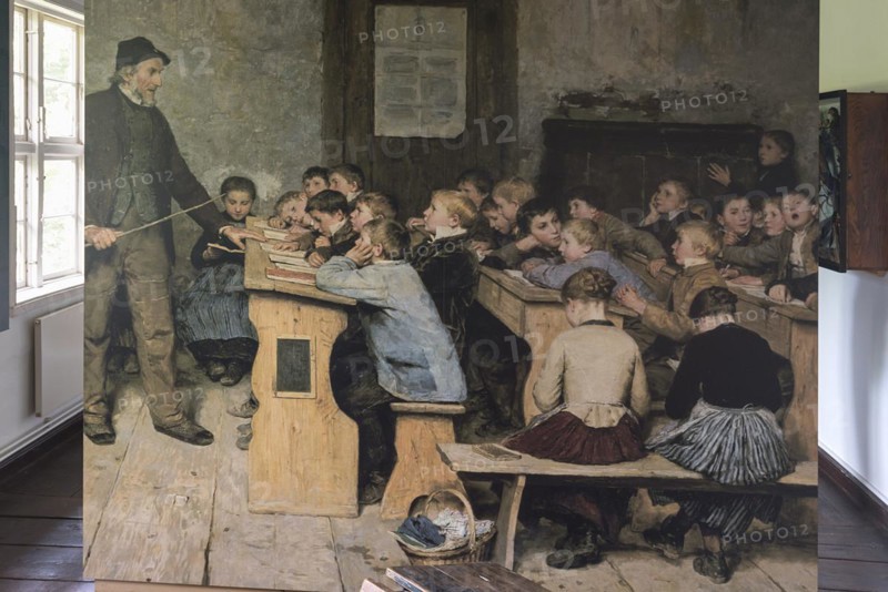 The village school, a painting by Albert Anker from 1848 in a classroom of a 19th century village school, Open Air Museum for Folklore Schwerin-Muess, Mecklenburg-Vorpommerm, Germany, Europe