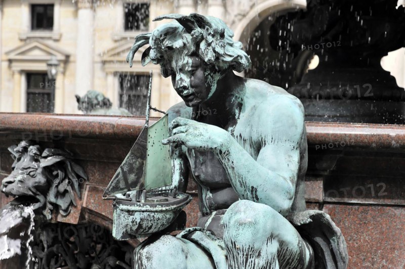 Close-up of a copper allegorical sculpture at a public fountain, Hamburg, Hanseatic City of Hamburg, Germany, Europe