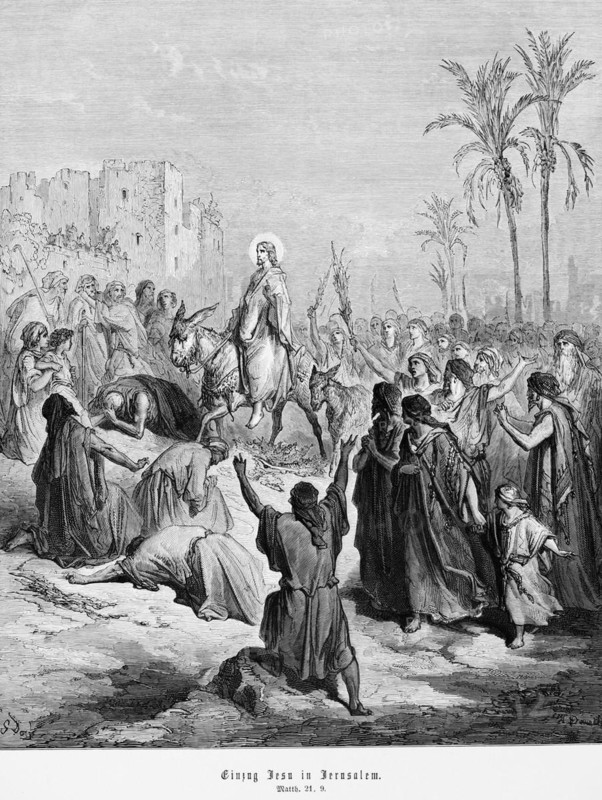 Entry of Jesus into Jerusalem, Gospel of Matthew, chapter 21, donkey, riding, crowd, city, palms, joy, Hosanna, New Testament, Bible, historical illustration 1886