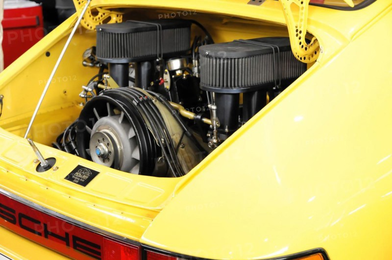RETRO CLASSICS 2010, Stuttgart Trade Fair Centre, Engine compartment of a yellow Porsche high-performance sports car with visible details, Stuttgart Trade Fair Centre, Stuttgart, Baden-Wuerttemberg, Germany, Europe