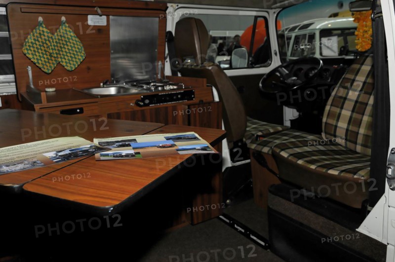 RETRO CLASSICS 2010, Stuttgart Messe, The interior of a VW Camper T 2 camper van with table, seating and wood panelling, Stuttgart Messe, Stuttgart, Baden-Wuerttemberg, Germany, Europe