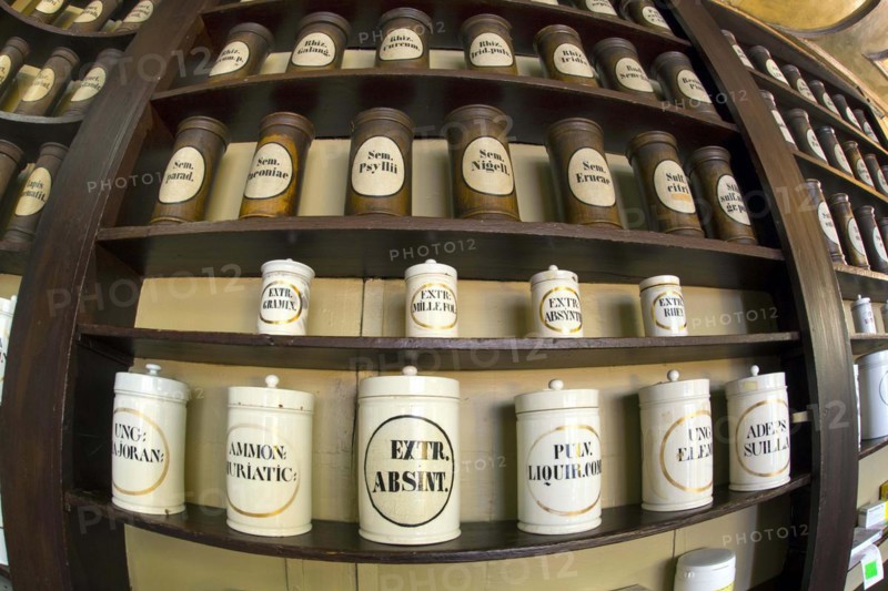 Containers with ingredients for medicines stand on a shelf in the historic Berg-Apotheke pharmacy in Clausthal-Zellerfeld, which was built in 1674 and is one of the oldest pharmacy buildings in Germany, 09 November 2015