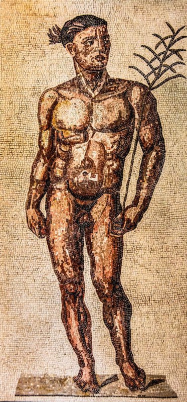 Victorious sportsman, mosaic copy from the Baths of Caracalla, Vatican Museums, Rome, 3rd century, mosaic school producing mosaic masters, Spilimbergo, city of mosaic art, Friuli, Italy, Spilimbergo, Friuli, Italy, Europe