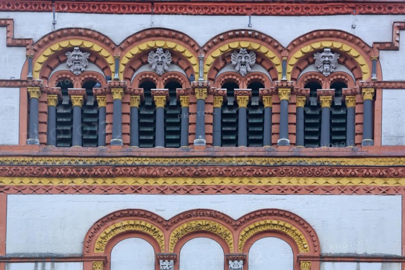 Tower with ornaments of St Matthias Church, detail, columns, windows, figures, Benedictine Abbey, Trier, Rhineland-Palatinate, Germany, Europe