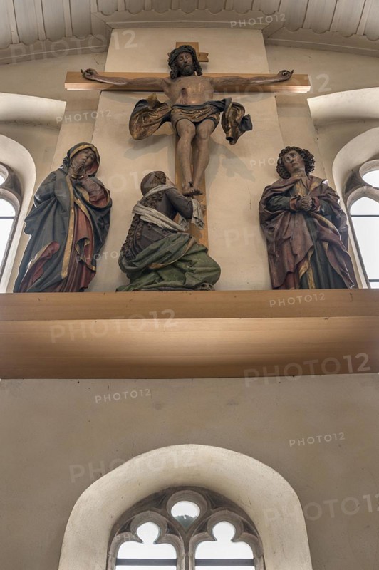 Placed on the west wall is the monumental crucifixion group from around 1510 by the carver Veit Wirsberger, St Clare's Church, Koenigstrasse 66, Nuremberg, Middle Franconia, Bavaria, Germany, Europe