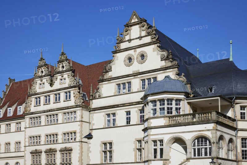 Roof gables and roofs of the New Government, a building in the Neo-Renaissance or Weser Renaissance style, in Minden, Muehlenkreis Minden-Luebbecke, North Rhine-Westphalia, Germany, Europe