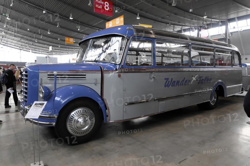 RETRO CLASSICS 2010, Stuttgart Messe, A blue and white vintage bus of the brand 'Wander Falke' at a car show, Stuttgart Messe, Stuttgart, Baden-Wuerttemberg, Germany, Europe
