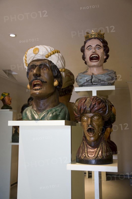 Display of old open mouthed gaper heads traditionally used to identify a pharmacy in Holland, Zuiderzee museum, Enkhuizen, Netherlands