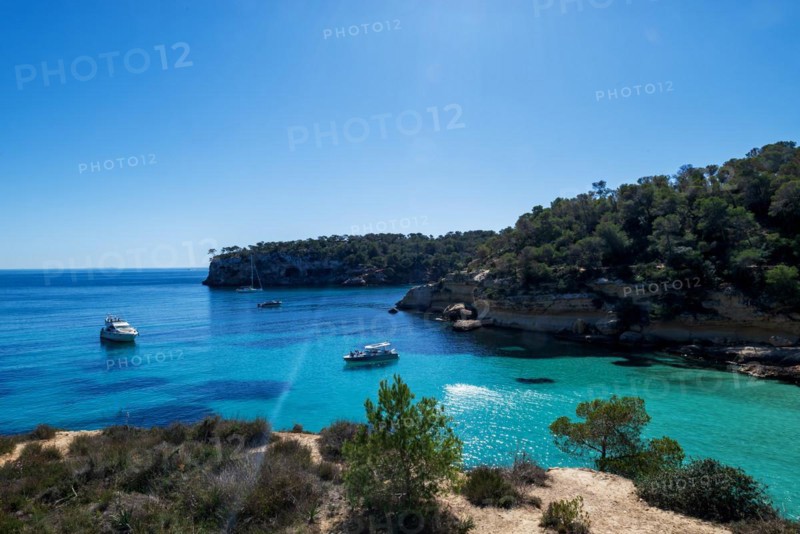 Private boats anchored in the bay in front of Playa El Mago, Cala de Portals Vells, Majorca, Balearic Islands, Spain, Europe