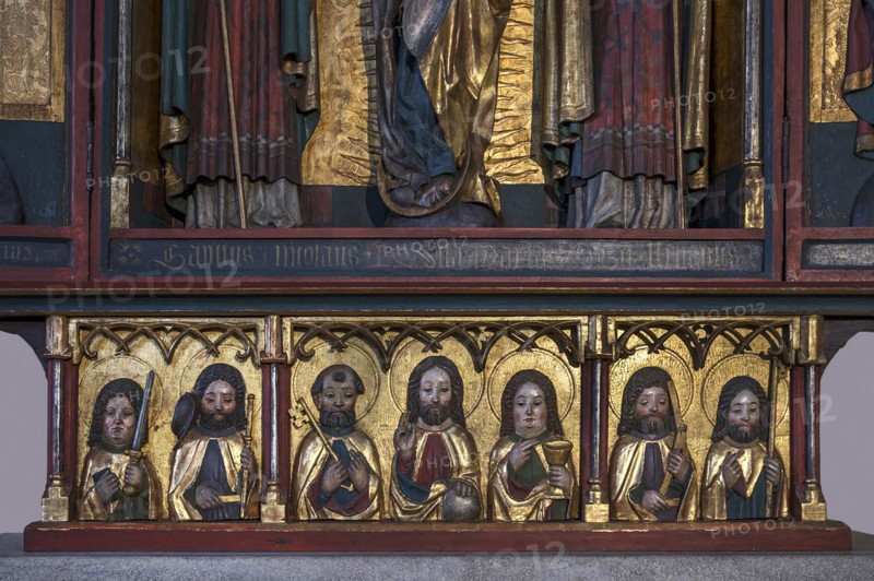 Predella from the Marian altar around 1500, altarpiece with Christ and his six apostles, St Clare's Church, Koenigstrasse 66, Nuremberg, Middle Franconia, Bavaria, Germany, Europe
