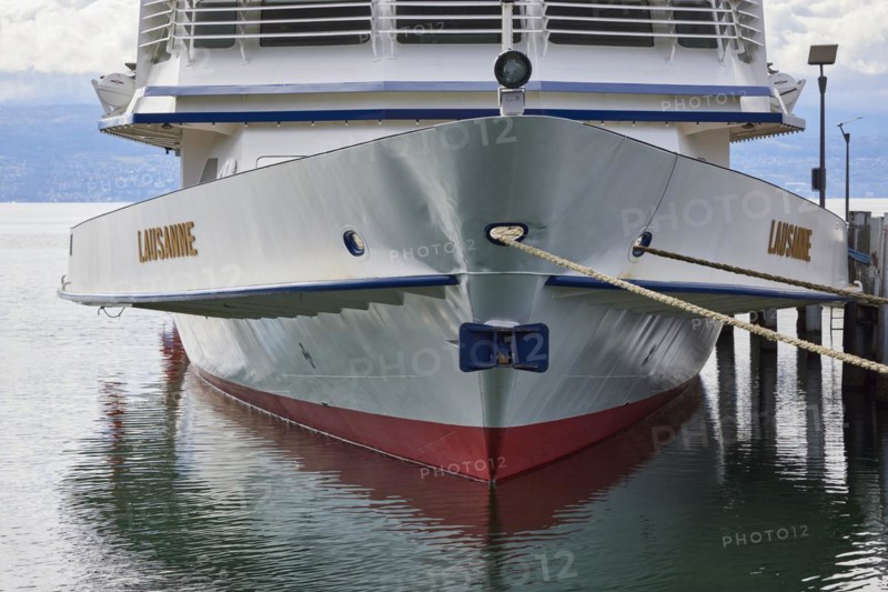 Passenger ship Lausanne lies in Lake Geneva and is moored with her bow with two thaws in the harbour of Ouchy, Lausanne, district of Lausanne, Vaud, Switzerland, Europe