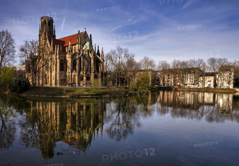 St John's Church, Reflection in the Lake of Fire, Stuttgart-West, Stuttgart, Baden-Wuerttemberg, Germany, Europe