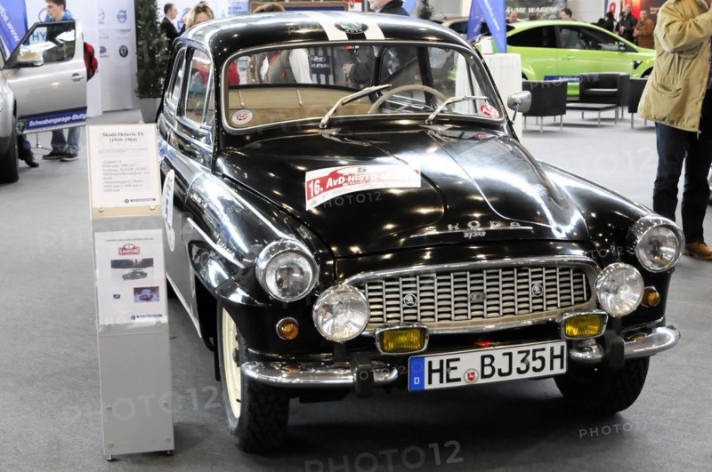 RETRO CLASSICS 2010, Stuttgart Trade Fair, A black vintage car with rally stickers Skoda Octavia, stands in the showroom, Stuttgart Trade Fair, Stuttgart, Baden-Wuerttemberg, Germany, Europe