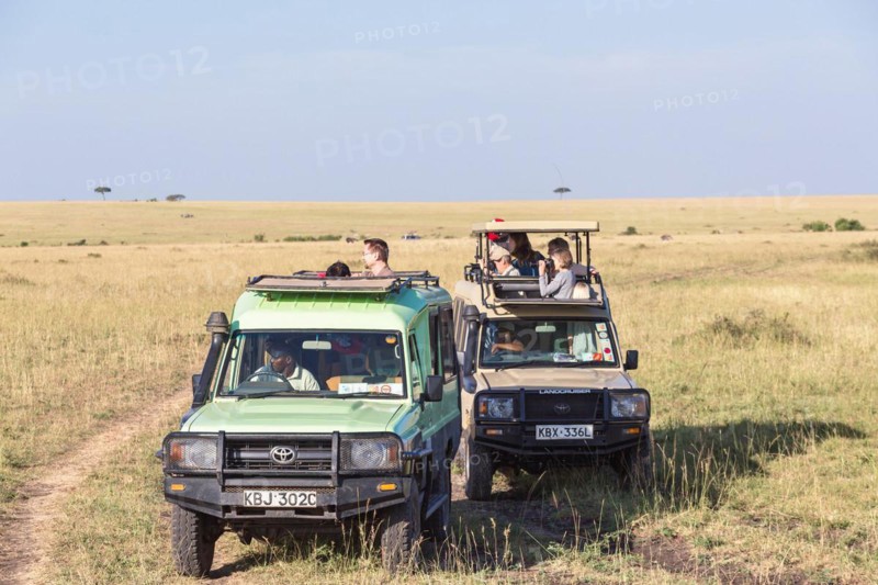 Tourists in safari cars watching wildlife on the savannah, Maasai Mara National Reserve, Kenya, Africa
