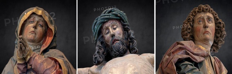 Mary, Christ, John, figures from the crucifixion group by Veit Wirsberger around 1509, St Clare's Church, Koenigstr. 66, Nuremberg, Middle Franconia, Bavaria, Germany, Europe