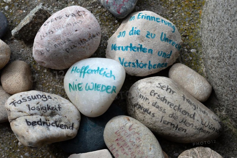 Memorial in Mainkofen for the 1300 patients of the Mainkofen District Hospital who were murdered during the Third Reich, pebbles inscribed by visitors, Bavaria, Germany, Europe