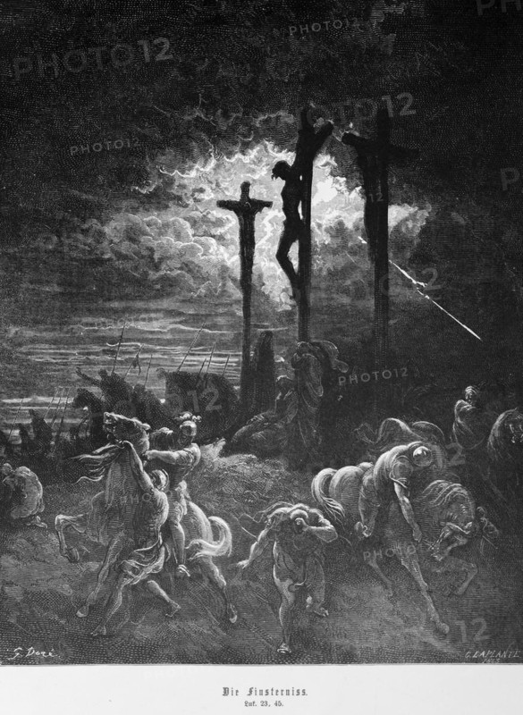 The Darkness, Luke Gospel, Chapter 23, Crucifixion of Jesus, dying, death, mourning, darkness, lightning, rider, flee, run, hurry, Golgotha, New Testament, Bible, historical illustration 1886
