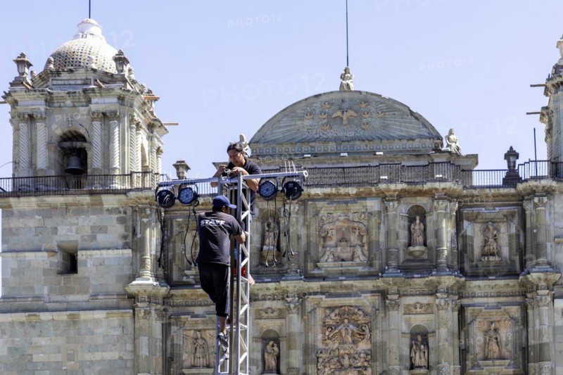 Oaxaca, Mexico, Workers set up lighting for youth boxing matches in front of the Metropolitan Cathedral of Oaxaca, Central America