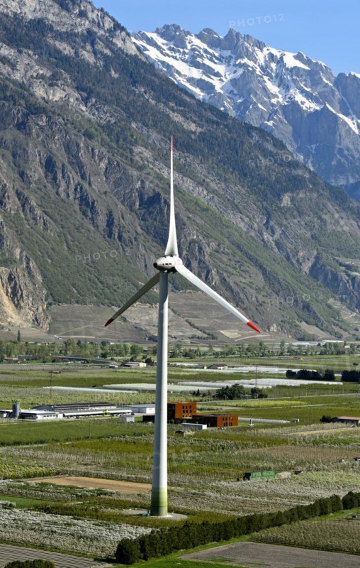 Enercon E-101 wind turbine of the Adonis wind power plant in the Rhone Valley, Charrat, Valais, Switzerland, Europe