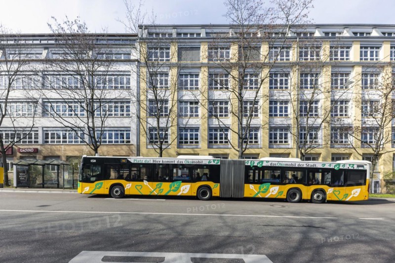 Bus stop for SSB AG buses, with advertisement Oekomobil, the buses run on synthetic fuel, Ostendstrasse Stuttgart, Baden-Wuerttemberg, Germany, Europe
