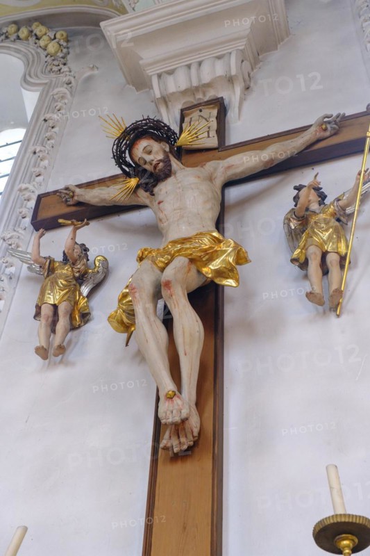 Christ on the cross, St Kilian's parish church, Easter, Bad Heilbrunn, Upper Bavaria, Bavaria, Germany, Europe