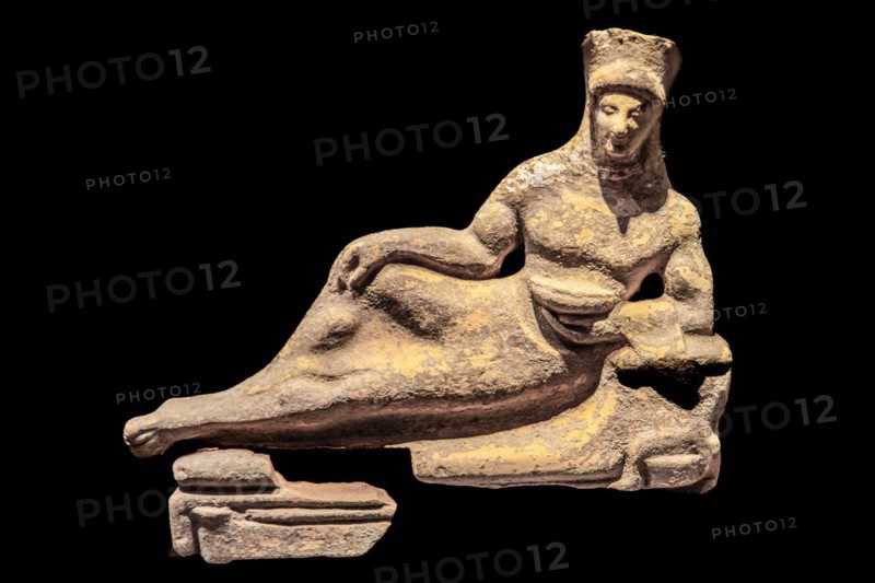 Semi-recumbent figure with naked torso, 5th century a.C., Archaeological Museum, Castello di Udine, seat of the State Museums, Udine, most important historical city of Friuli, Italy, Udine, Friuli, Italy, Europe