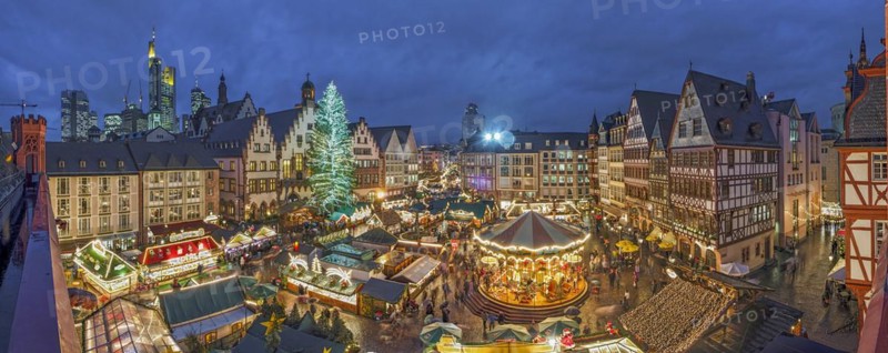 Christmas market illuminated Panorama am Roemer Frankfurt Germany