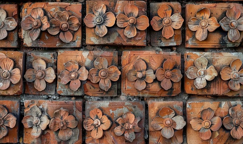 Terracotta tiles with ornate flower sculptures creating rustic wall art AI generated