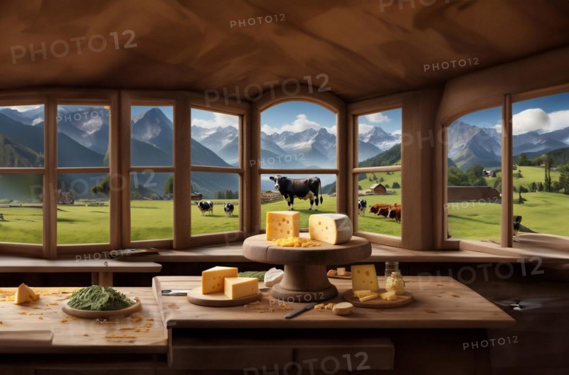 Cheese production on a farm in the alps mountains, cows graze in the mountains, AI generated