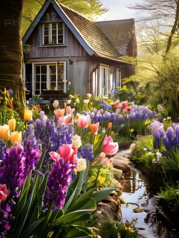 Traditional cottage garden with spring flowers tulips hyacinths pansies in warm morning light, AI generated