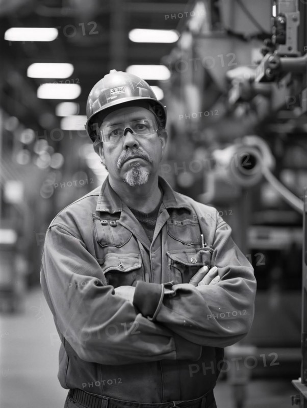 Serious worker with safety gear standing with arms crossed in an industrial setting, AI generated